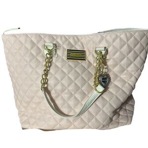 Betsey Johnson leather Quilted Cream Tote with Gold Accents huge bag new
